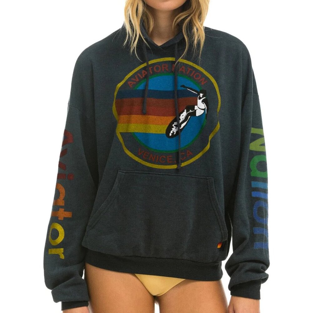 AVIATOR NATION RELAXED PULLOVER HOODIE, CHARCOAL, Size M